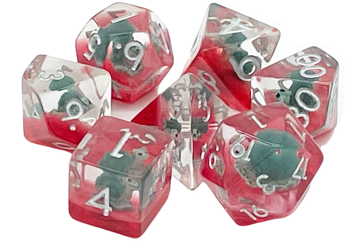 Old School 7 Piece DnD RPG Dice Set: Snails - Green w/ Red