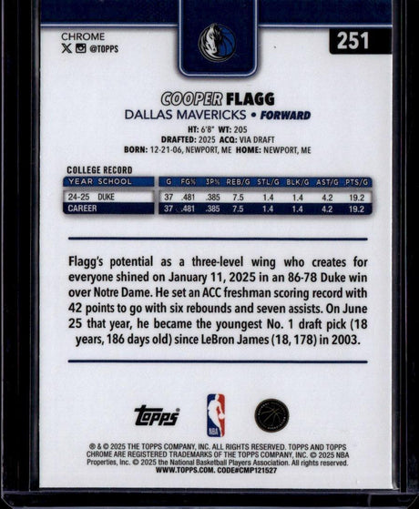2025-26 Topps Chrome #251 Cooper Flagg