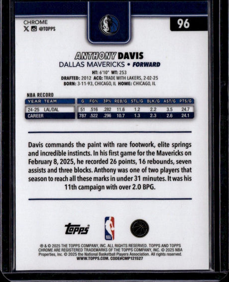 2025-26 Topps Chrome #96 Anthony Davis Gold Refractor #/50