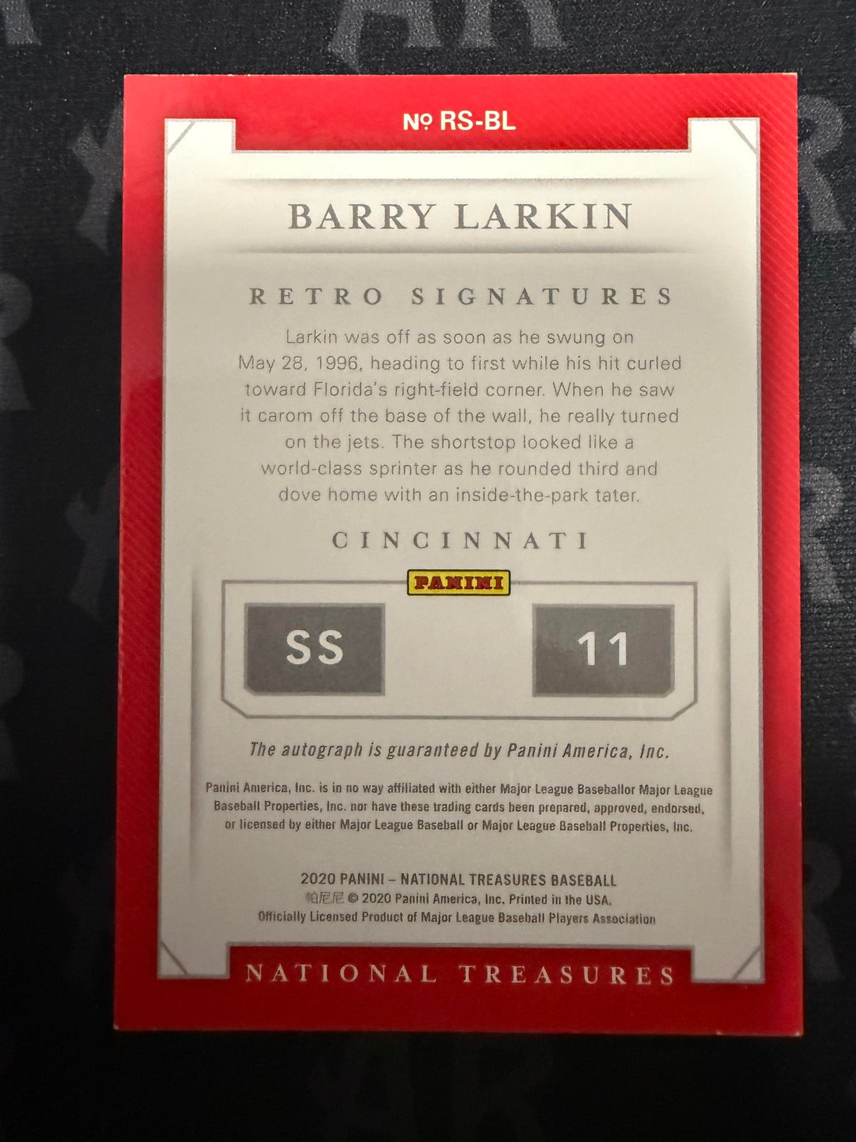 2020 Panini National Treasures #RS-BL Barry Larkin Retro Signatures /25