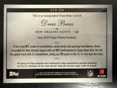 2010 Topps Tribute #ATR-DB Drew Brees Autographed Triple Relics #/20