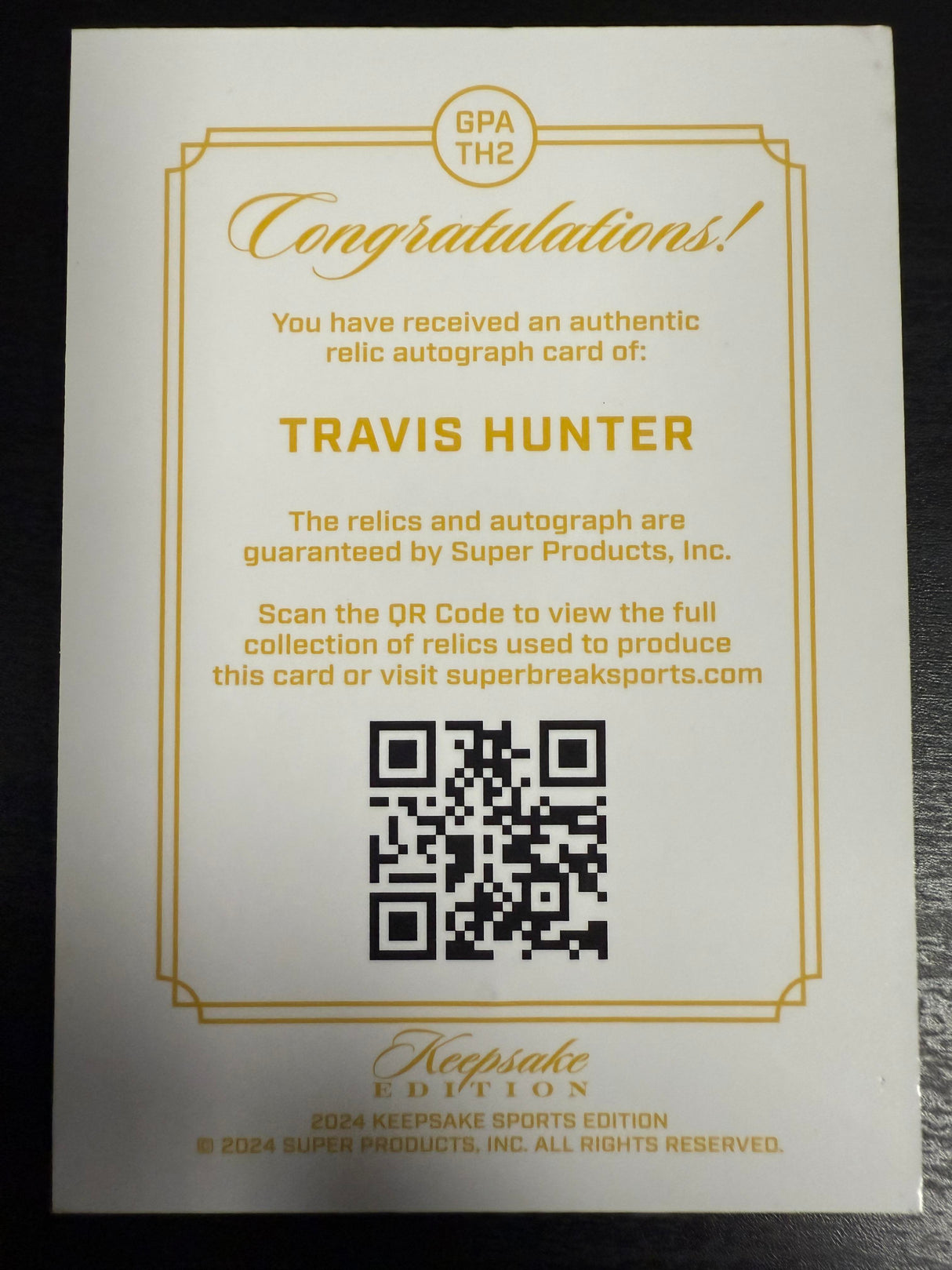 2024 Keepsake Edition Travis Hunter Gem Patch Autographs 1/1 GPA-TH2