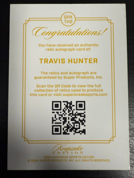 2024 Keepsake Edition Travis Hunter Gem Patch Autographs 1/1 GPA-TH2