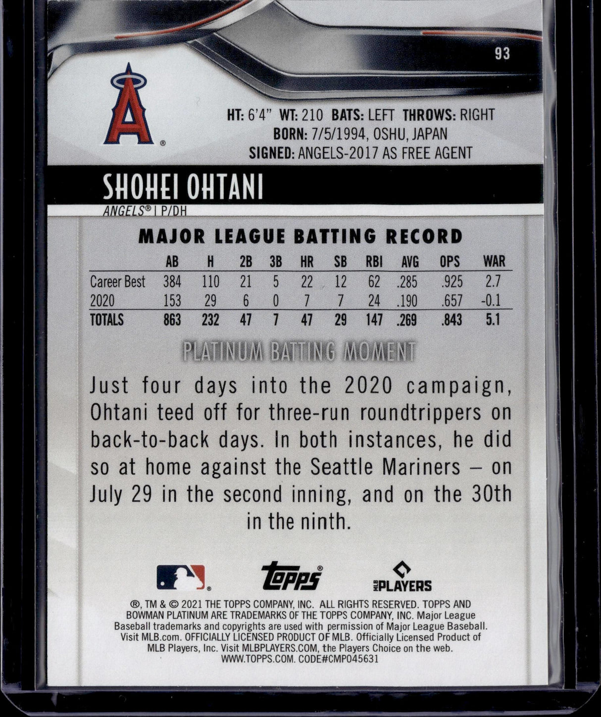 2021 Bowman Platinum #93 Shohei Ohtani Pink #/199