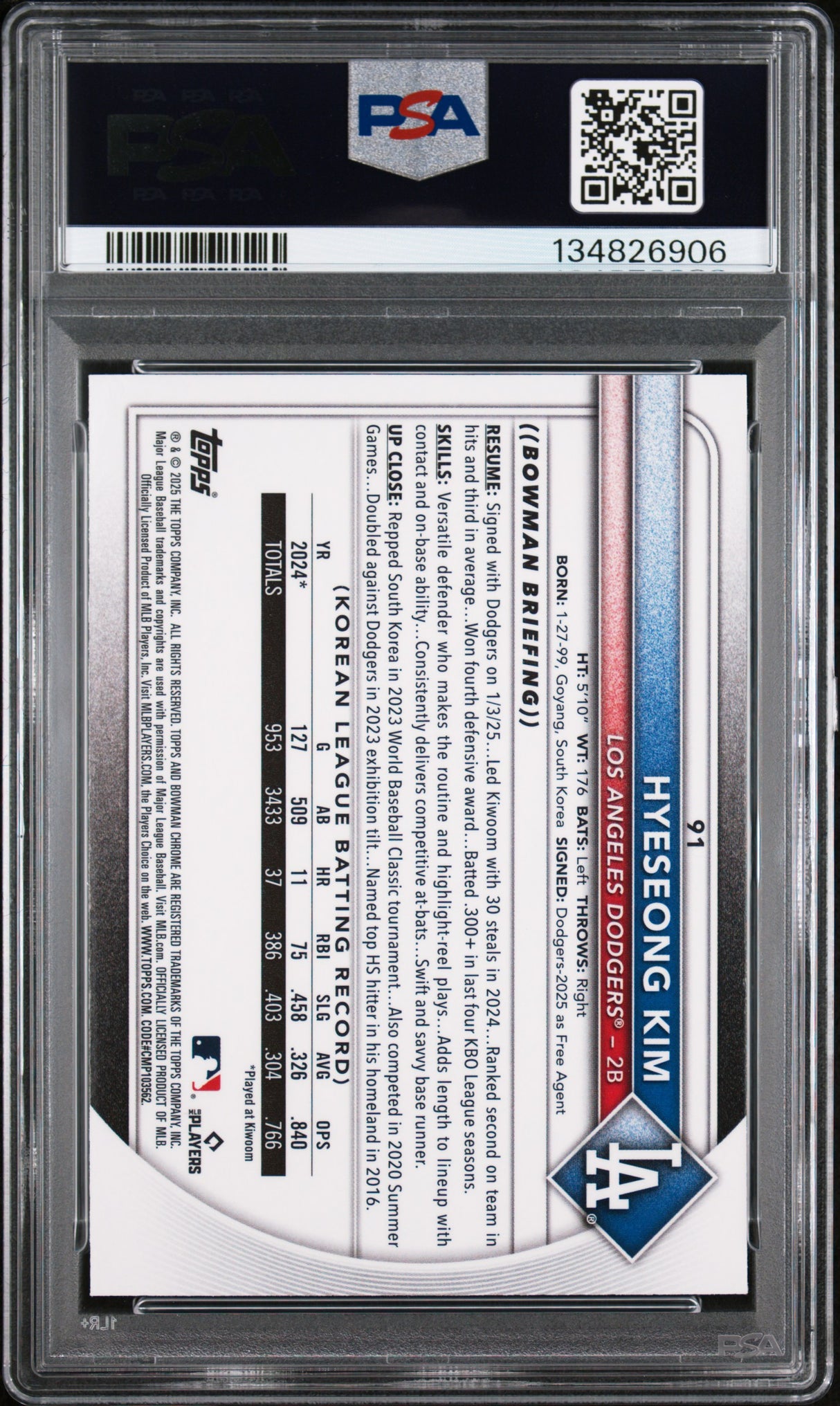 2025 Bowman #91 Hyeseong Kim Chrome Mojo Refractor PSA 10