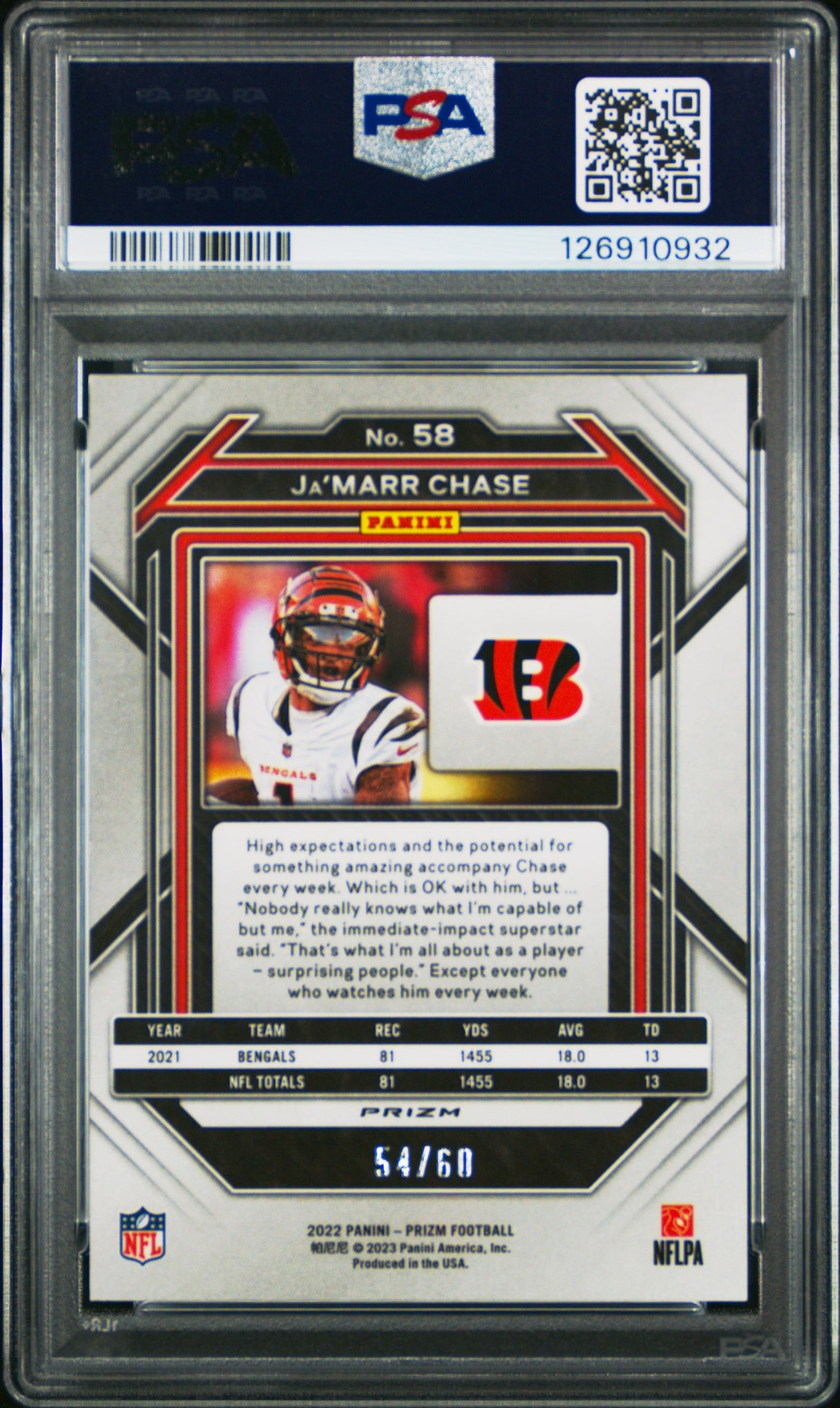2022 Panini Prizm #58 Ja'Marr Chase Orange Wave /60 PSA 10