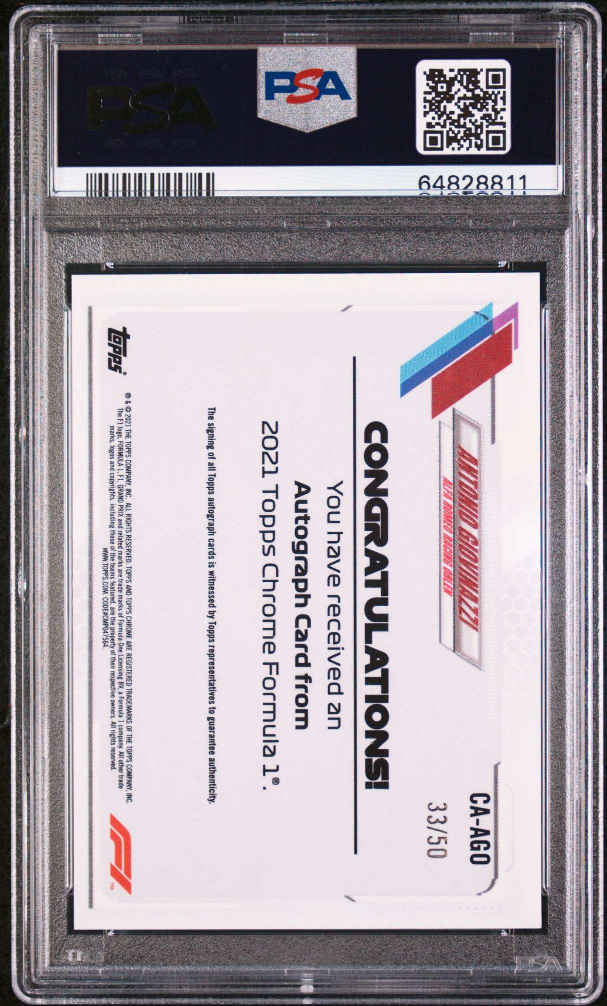 2021 Topps Chrome Formula 1 Antonio Giovinazzi Auto Gold /50 PSA 9