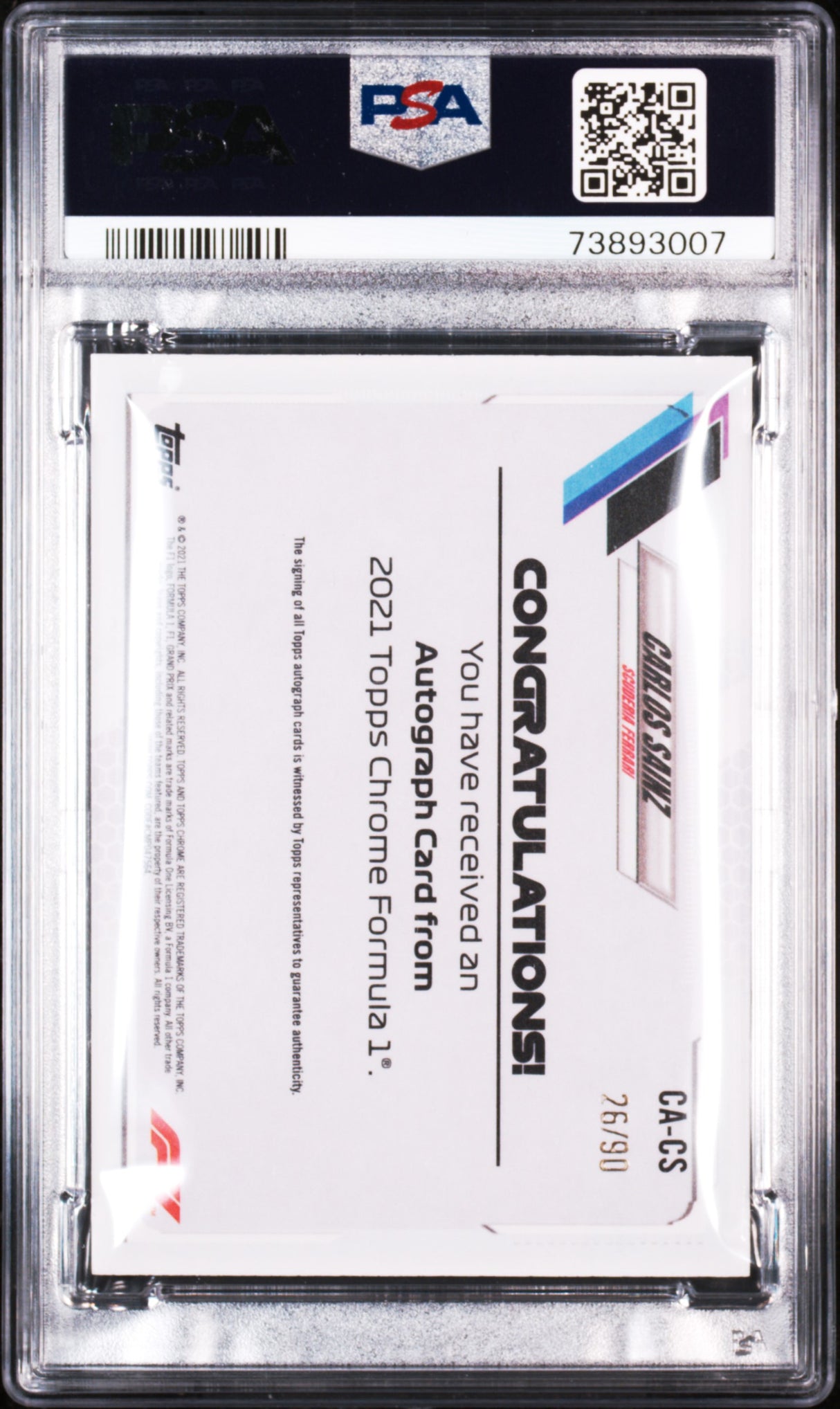 2021 Topps Chrome Formula 1 Carlos Sainz Auto /90 PSA 7