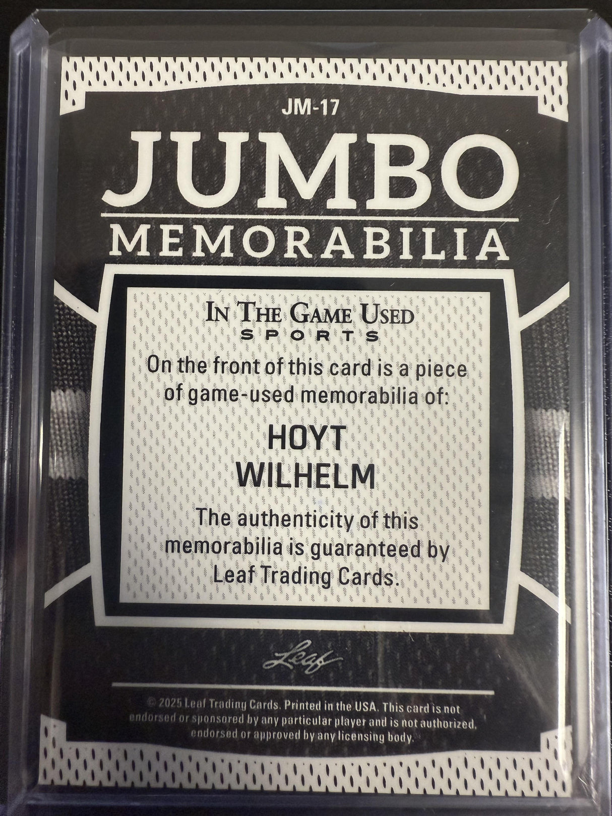 2025 Leaf In The Game Used Hoyt Wilhelm Jumbo Memorabilia Blue Holo /8
