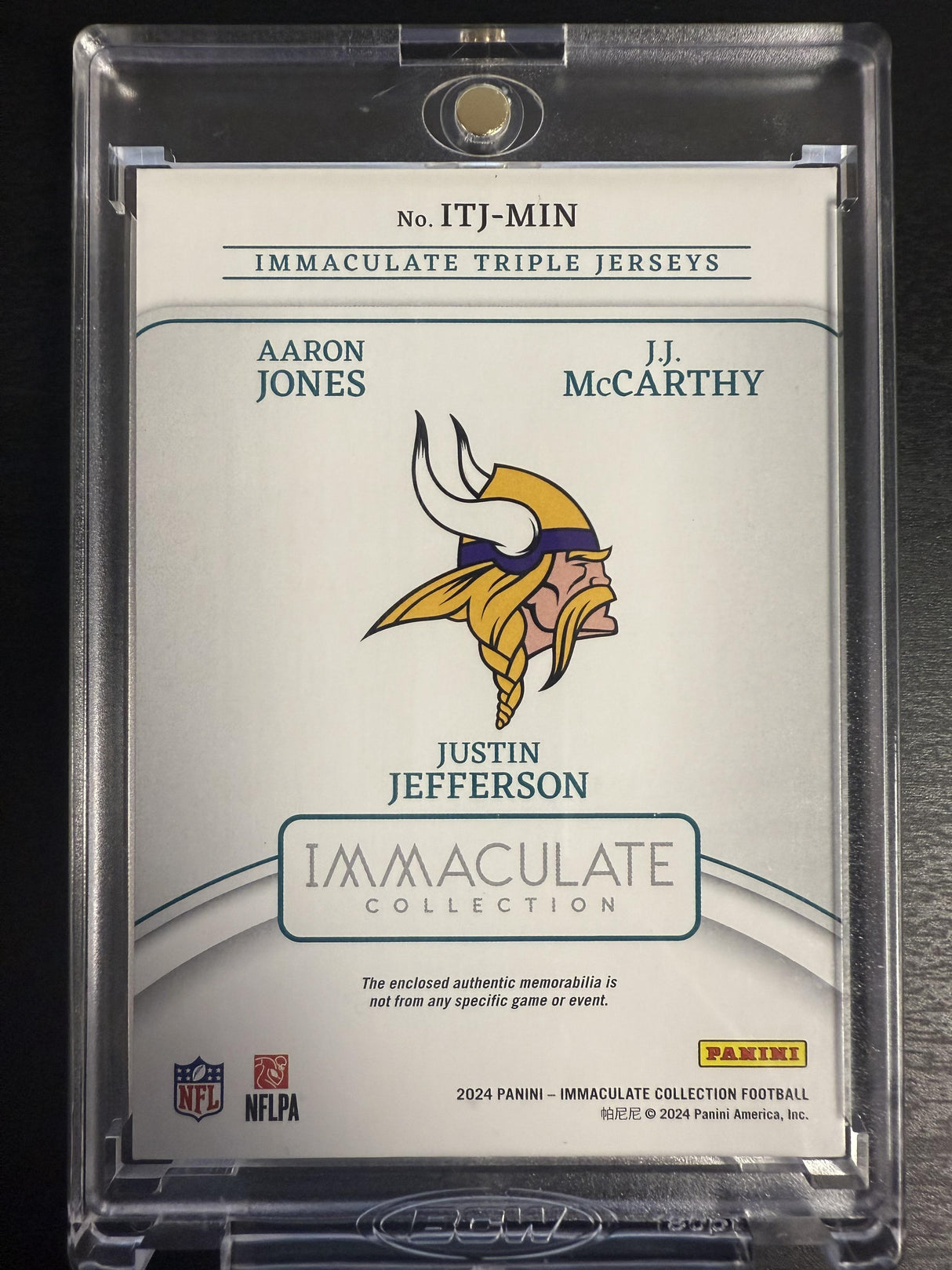 2024 Immaculate J.J. McCarthy/Aaron Jones/Justin Jefferson Triple Jersey /49