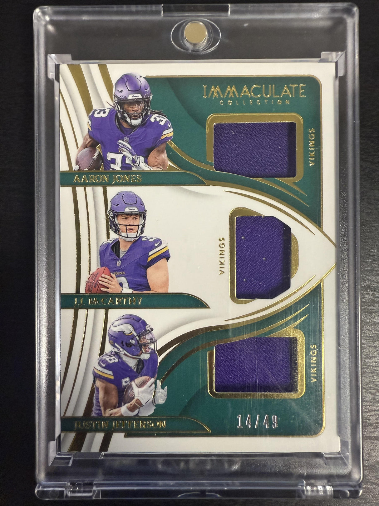 2024 Immaculate J.J. McCarthy/Aaron Jones/Justin Jefferson Triple Jersey /49