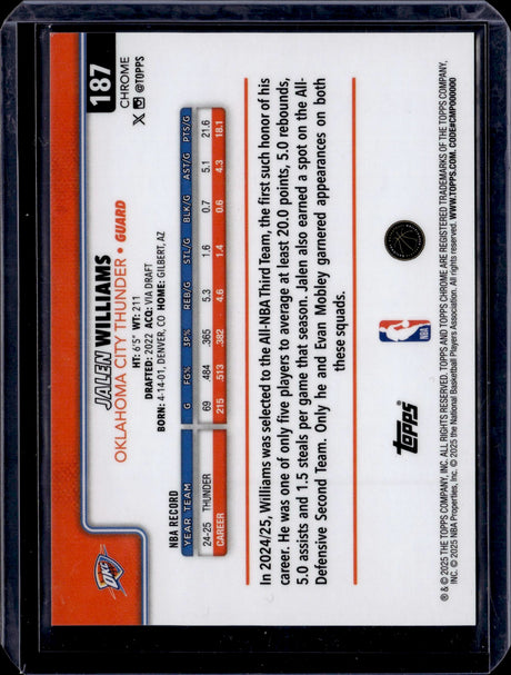 2025-26 Topps Chrome #187 Jalen Williams Orange Basketball Refractor #/25