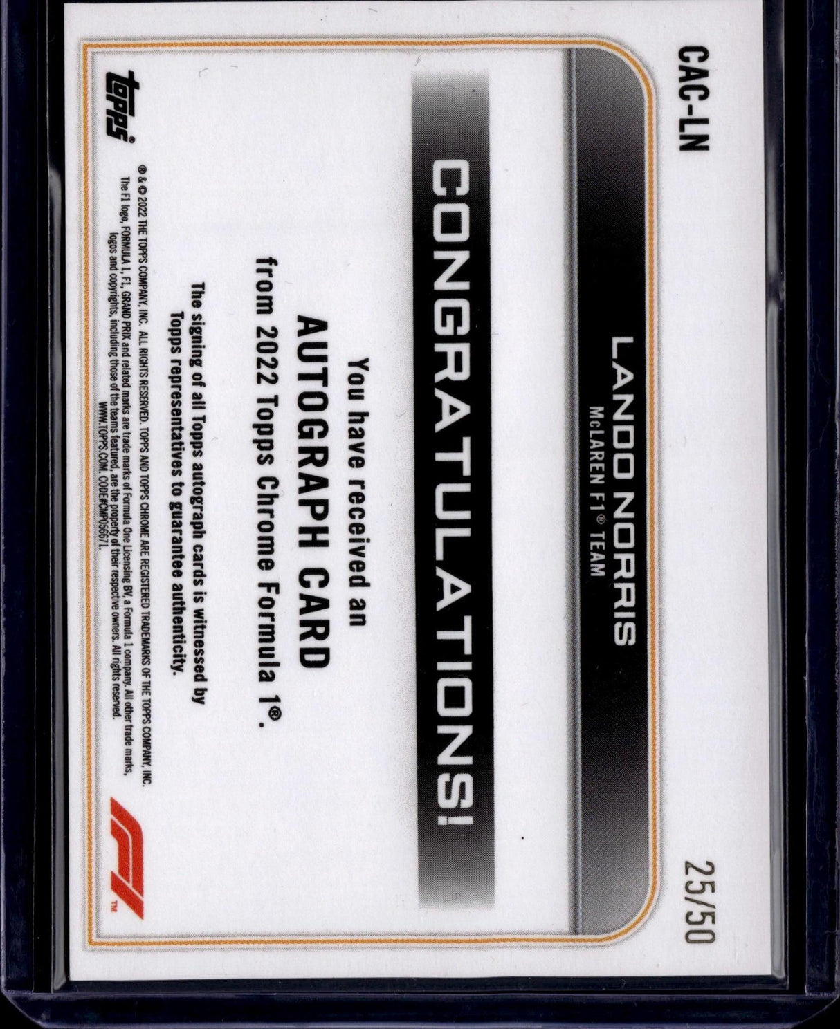 2022 Topps Chrome Formula 1 #CAC-LN Lando Norris Chrome Autographs Gold #/50