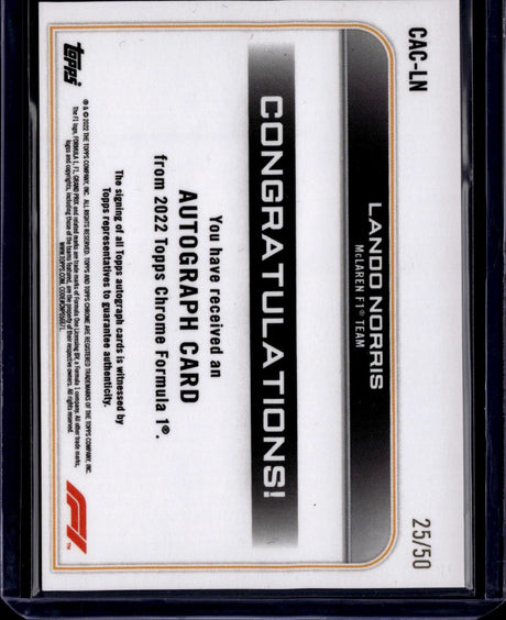 2022 Topps Chrome Formula 1 #CAC-LN Lando Norris Chrome Autographs Gold #/50