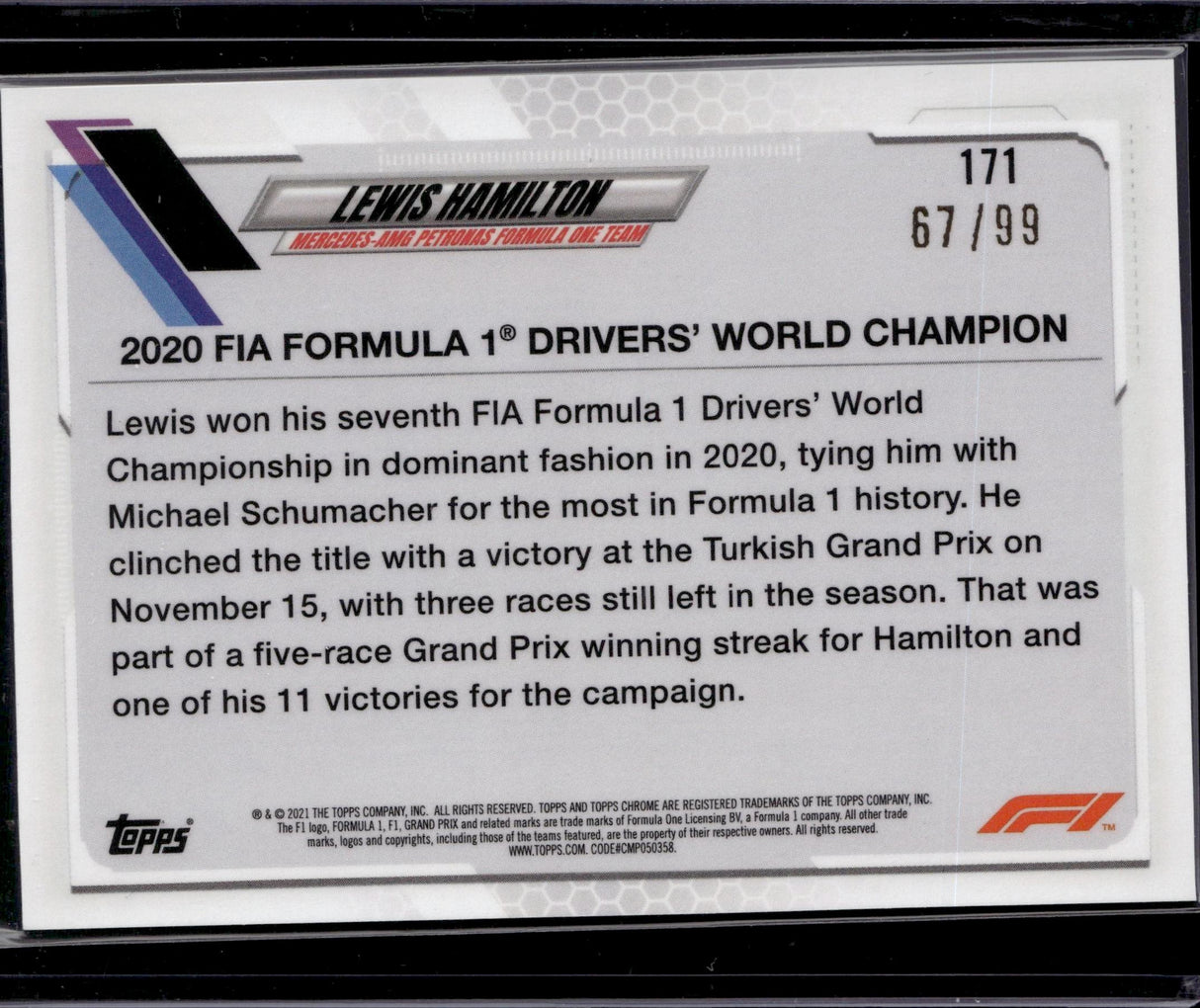 2021 Topps Chrome Sapphire Edition Formula 1 #171 Lewis Hamilton Aqua #/99