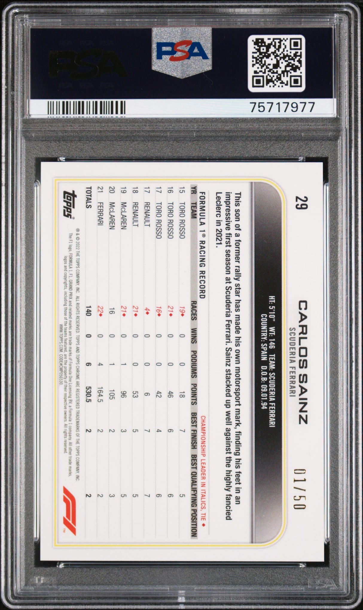 2022 Topps Chrome Formula 1 Sapphire Edition #29 Carlos Sainz Gold PSA 10