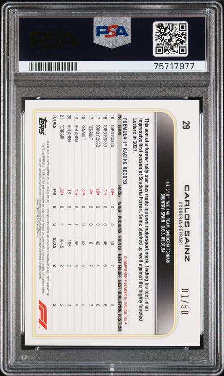 2022 Topps Chrome Formula 1 Sapphire Edition #29 Carlos Sainz Gold PSA 10