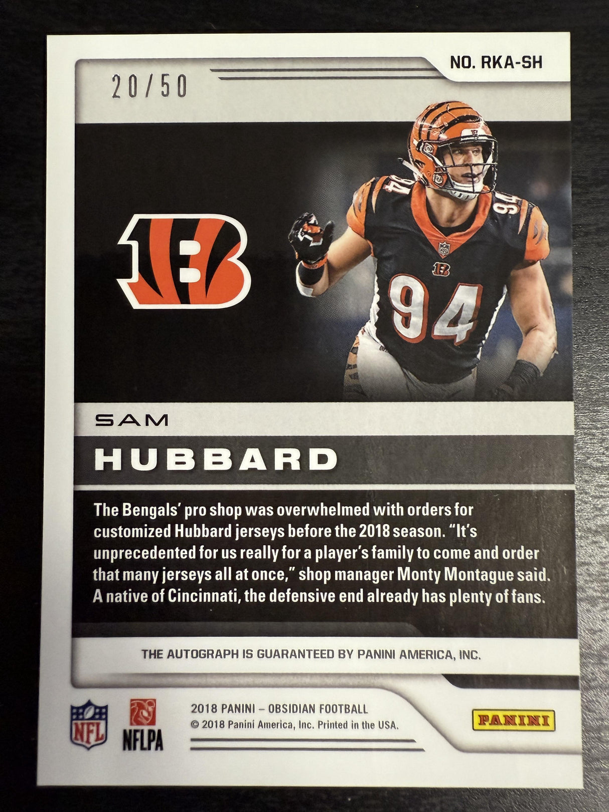 2018 Panini Obsidian Sam Hubbard Rookie Auto Electric Etch Orange /50