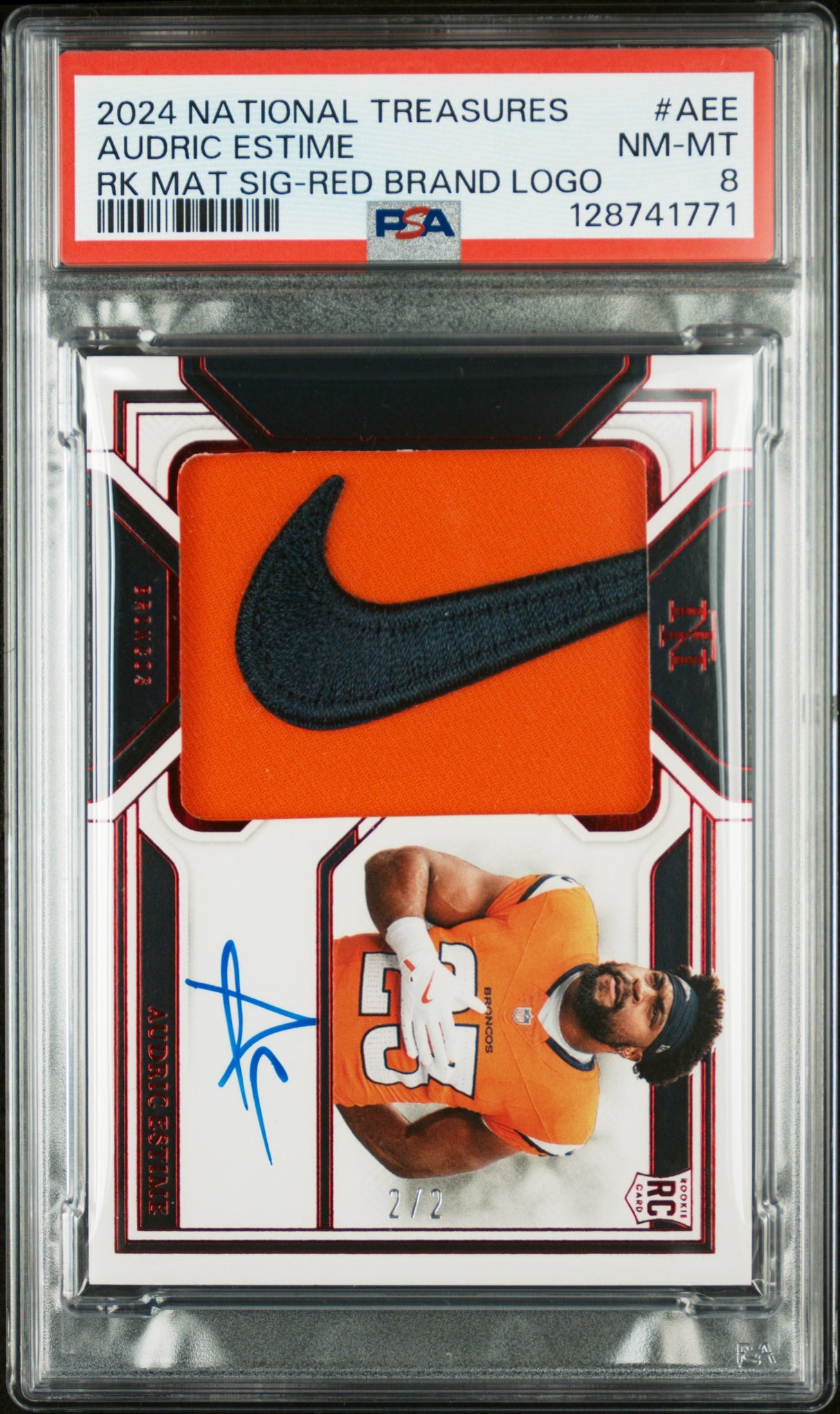 2024 National Treasures Rookie Material Audric Estime Auto Brand Logo PSA 8