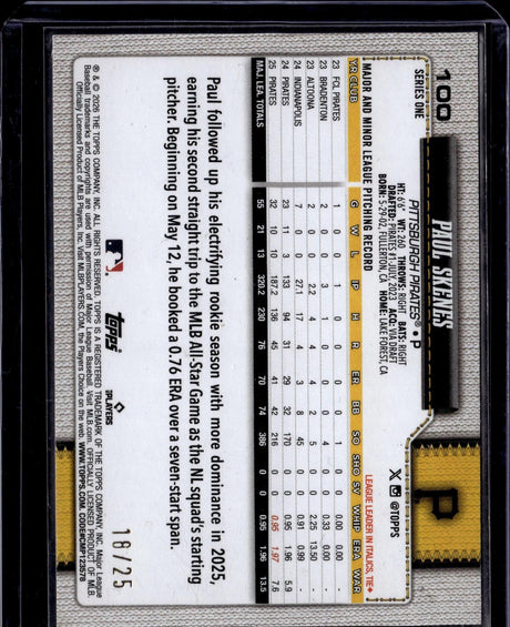 2026 Topps #100 Paul Skenes Dugout Peeks Orange