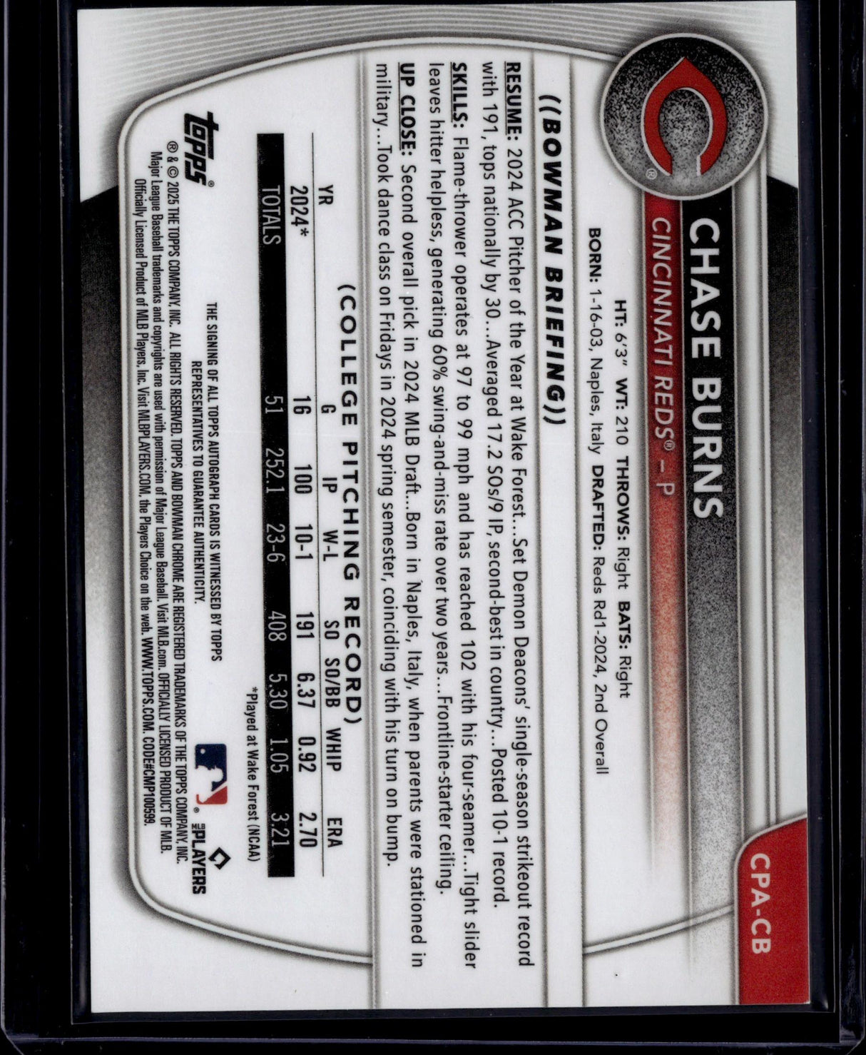 2025 Bowman #CPA-CB Chase Burns Chrome Prospect Autographs HTA Choice Refractor