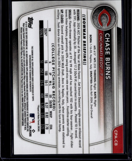 2025 Bowman #CPA-CB Chase Burns Chrome Prospect Autographs HTA Choice Refractor