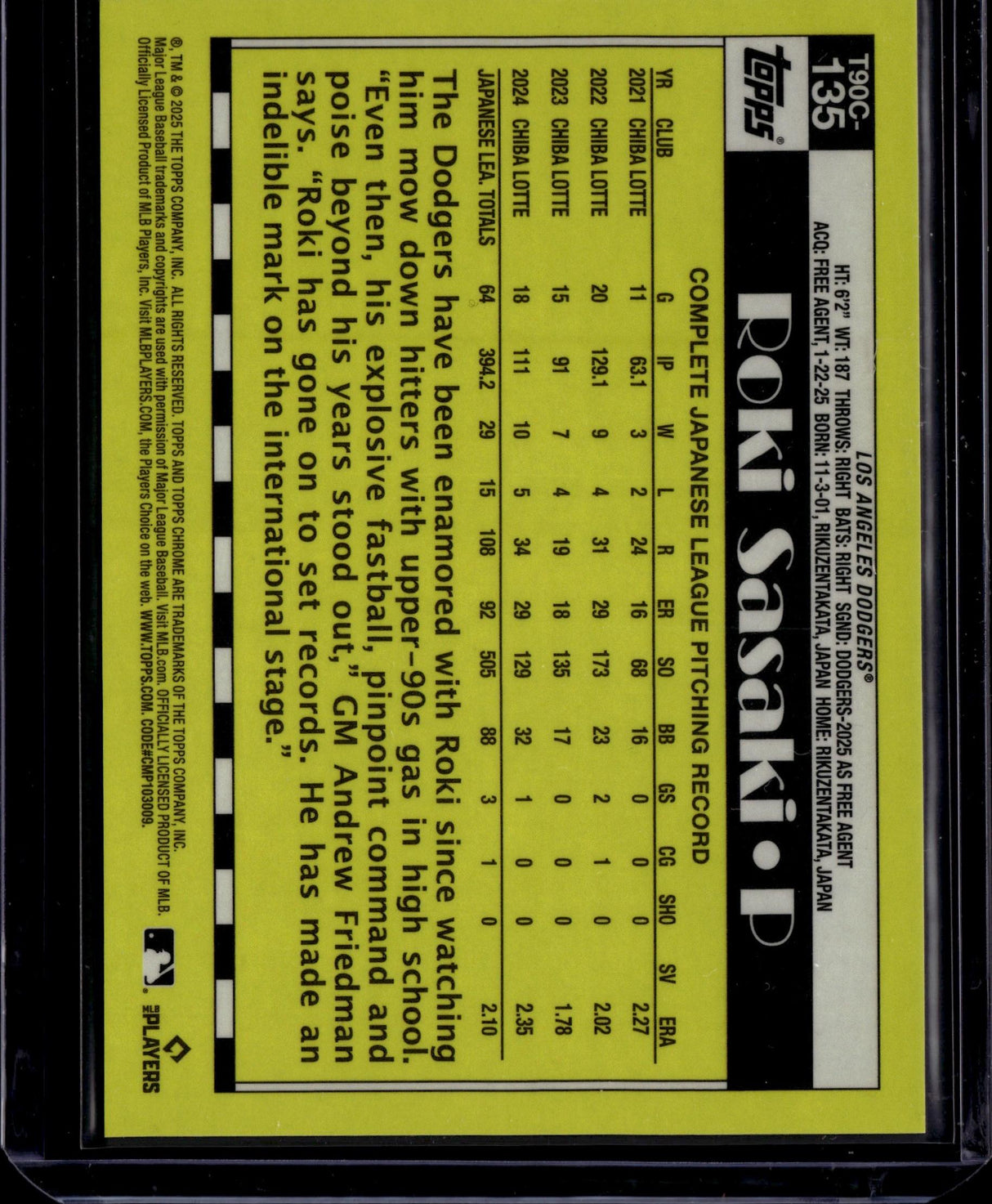 2025 Topps Roki Sasaki 1990 Topps 35th Anniversary Chrome Gold Refractor /50