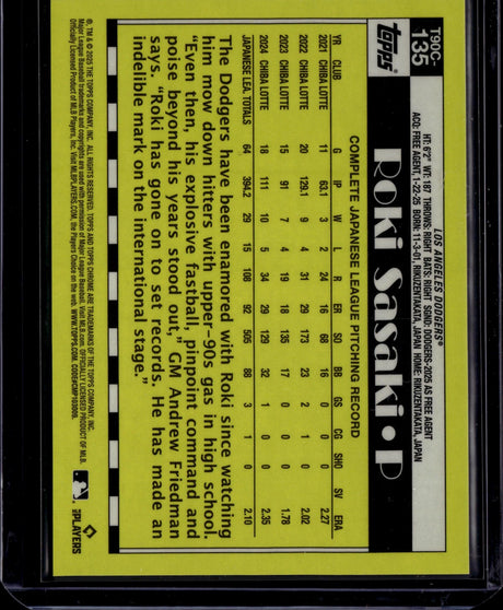 2025 Topps Roki Sasaki 1990 Topps 35th Anniversary Chrome Gold Refractor /50
