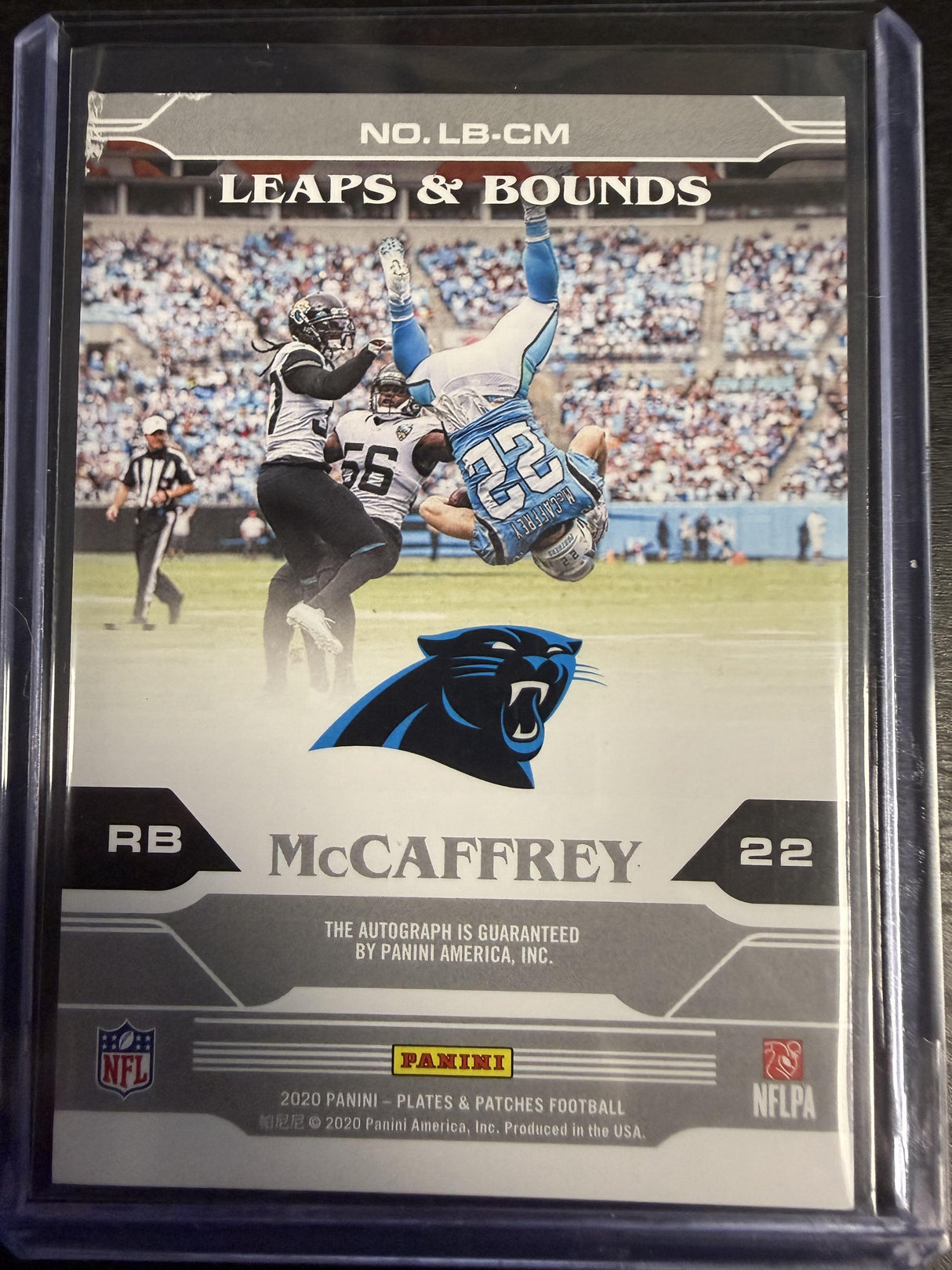 2020 Plates & Patches Christian McCaffrey Leaps & Bounds Auto /10 (Corner Flaw)
