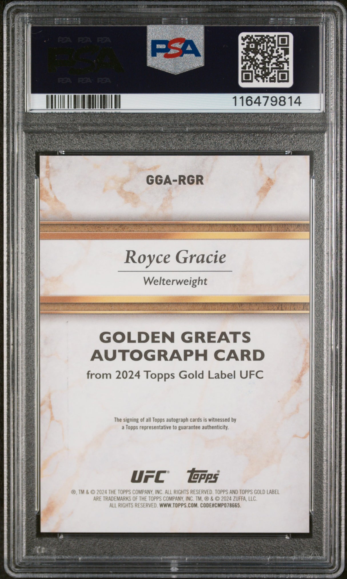 2024 Topps Gold Label Royce Gracie Golden Greats Auto /99 PSA 10