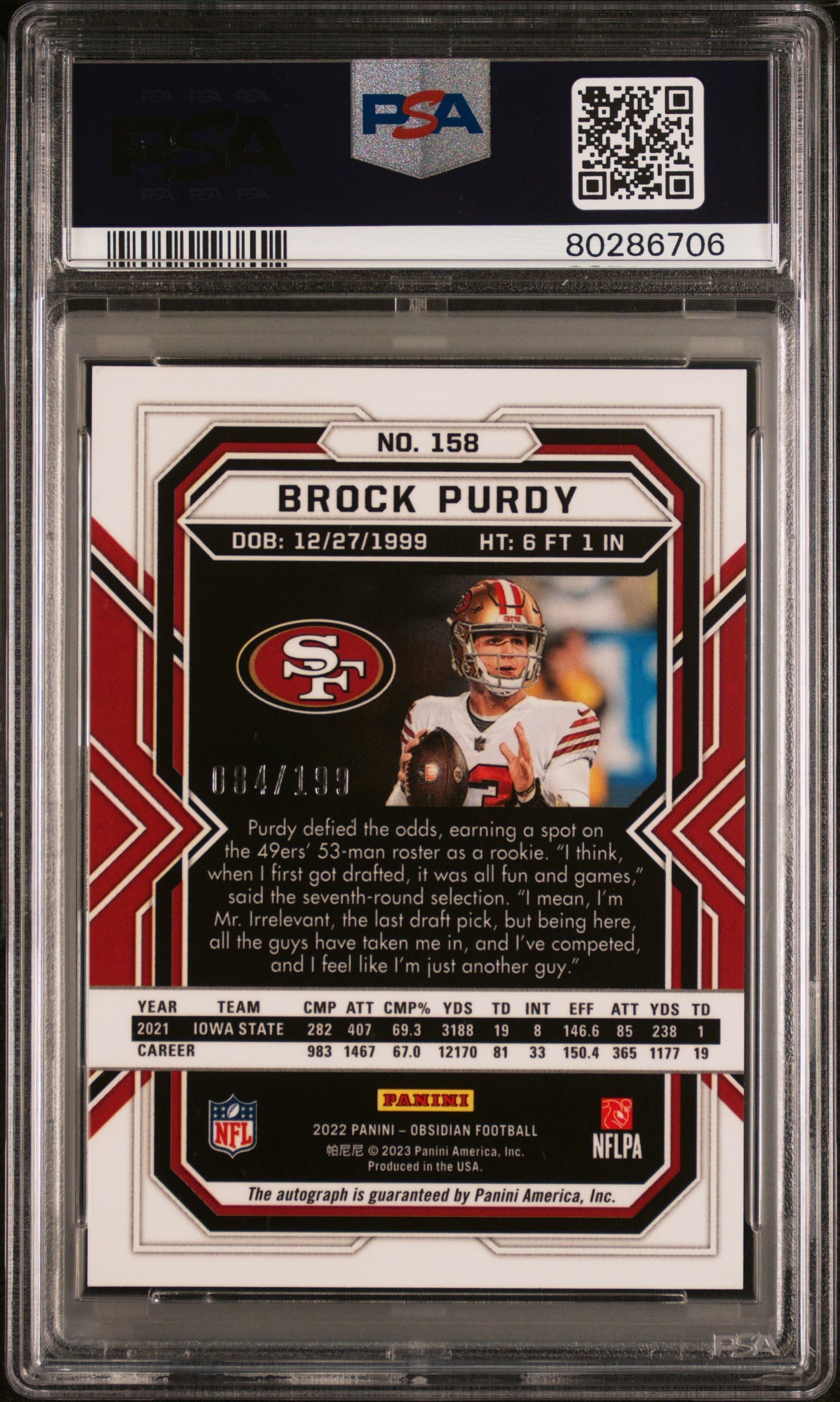 2022 Panini Obsidian #158 Brock Purdy Autograph PSA 9