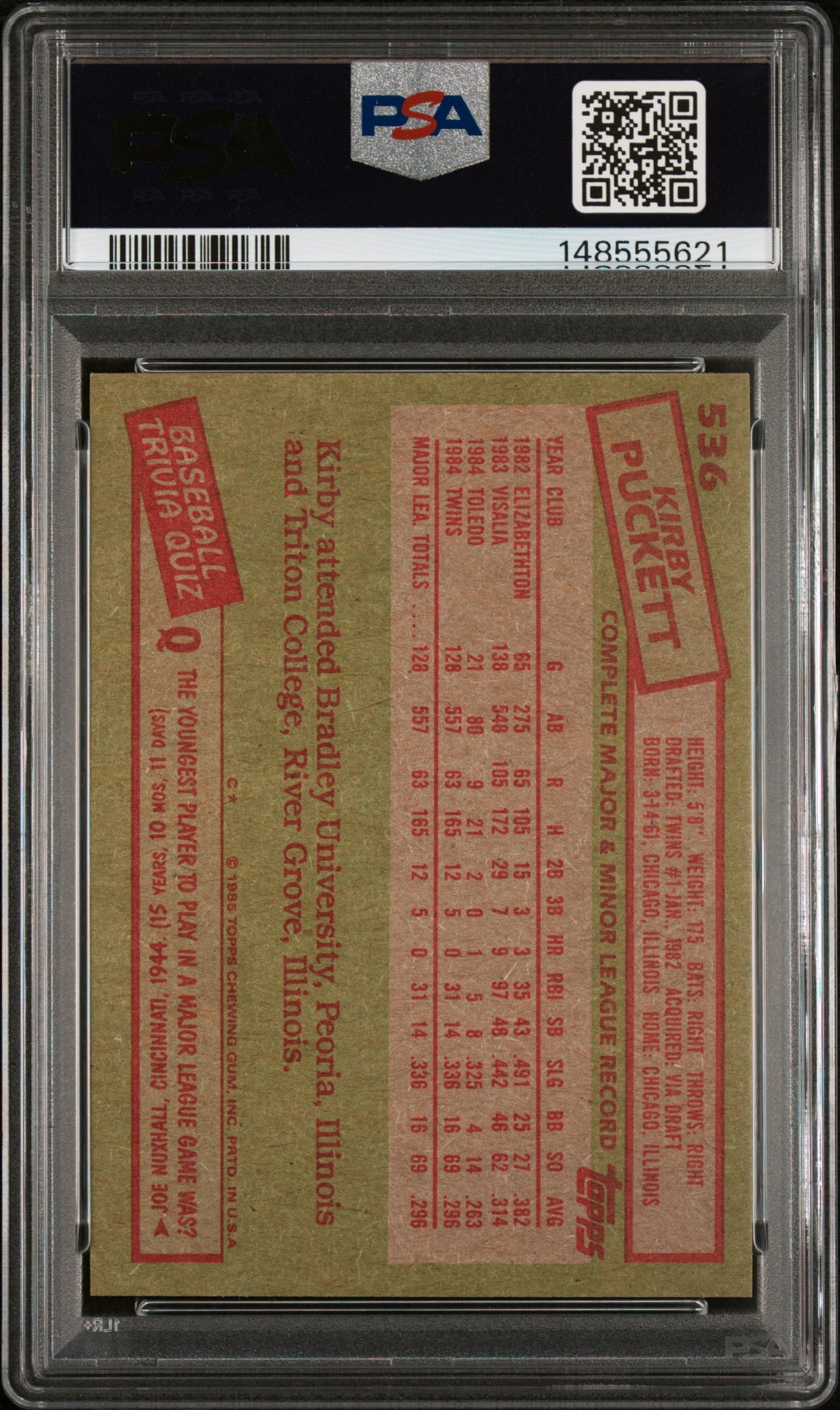1985 Topps #536 Kirby Puckett PSA 10