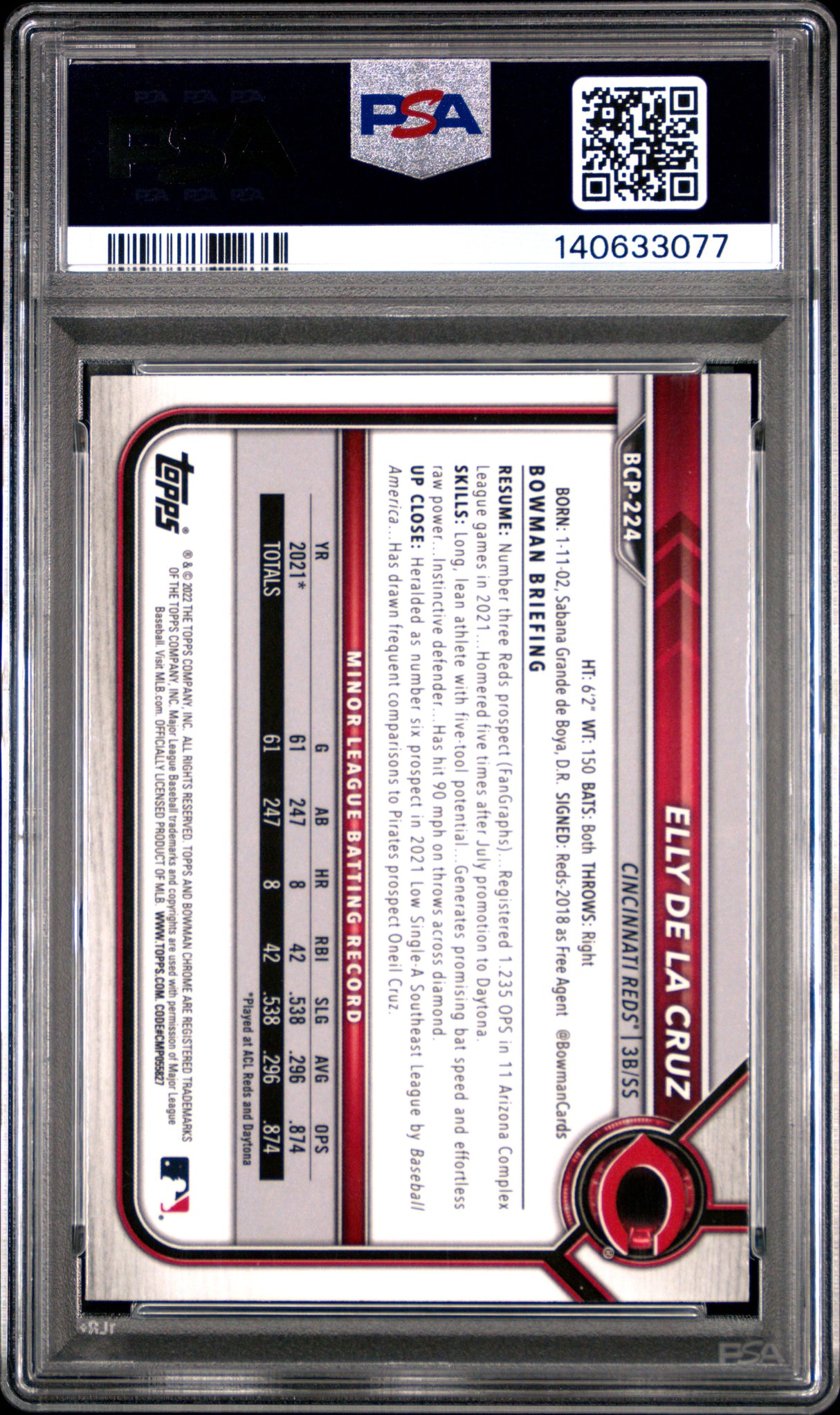 2022 Bowman Chrome Prospects Elly De La Cruz B/W Mini Diamond PSA 10