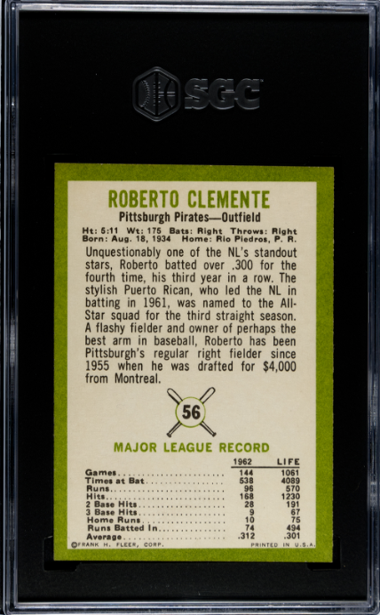 1963 Fleer #56 Roberto Clemente SGC 8