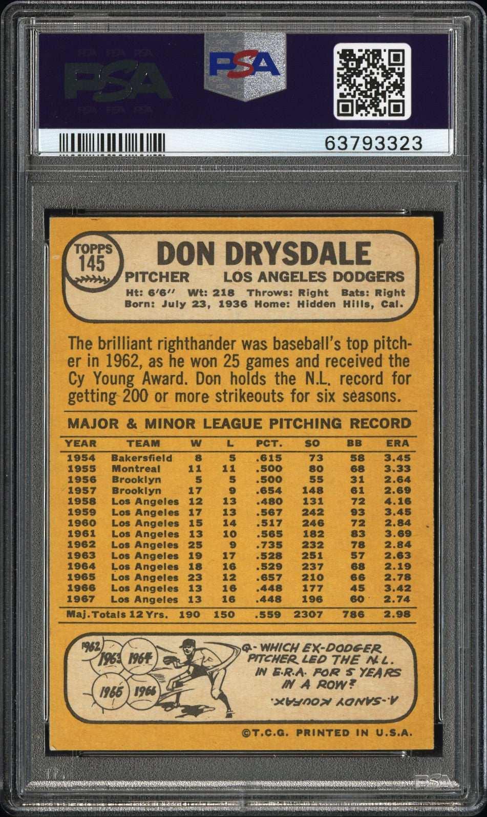 1968 Topps #145 Don Drysdale PSA 8