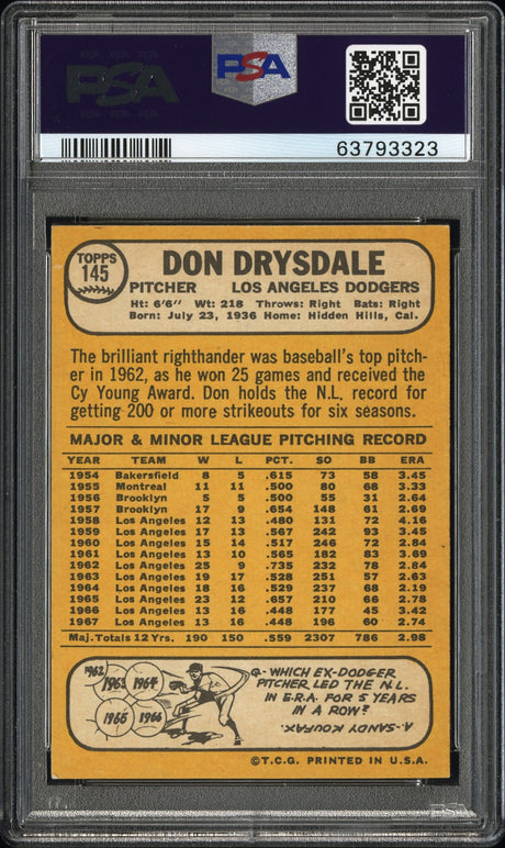 1968 Topps #145 Don Drysdale PSA 8