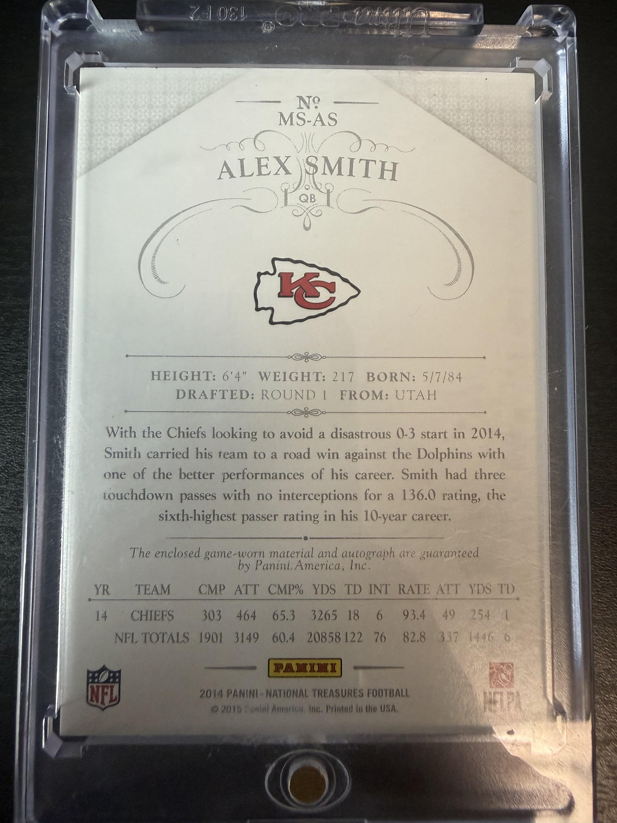 2014 Panini National Treasures #MS-AS Alex Smith Materials Signatures