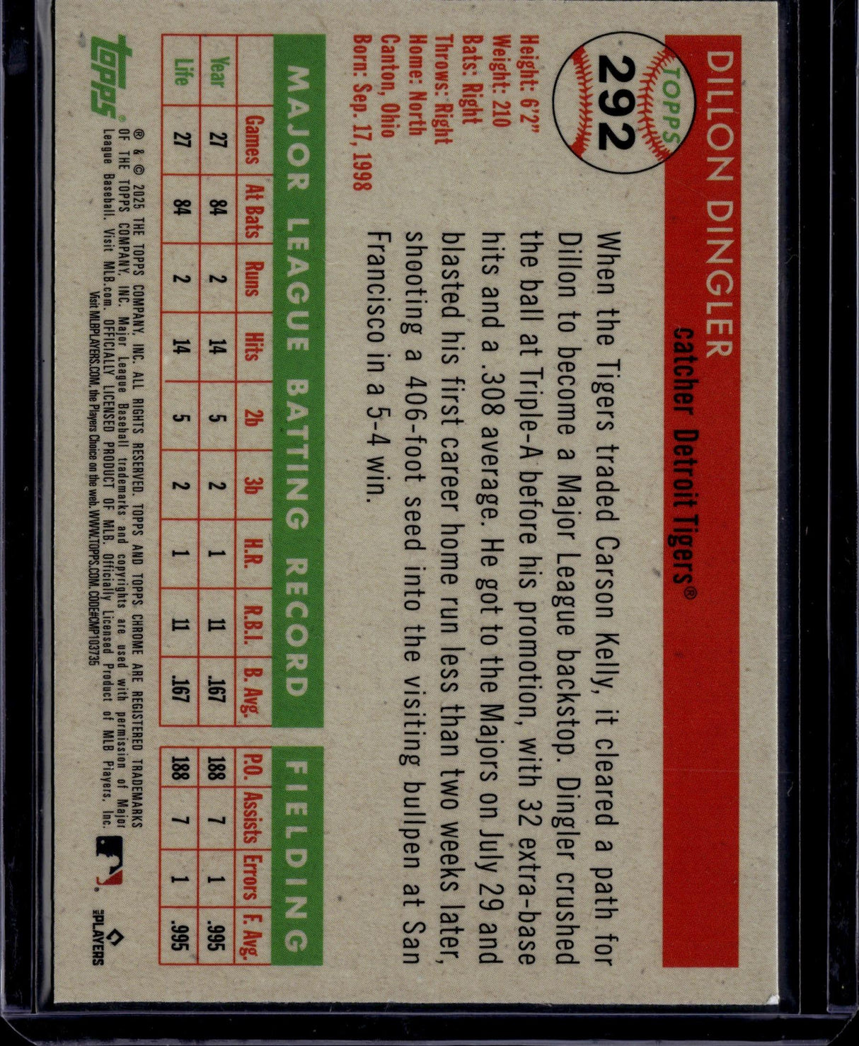 2025 Topps Chrome Platinum Dillon Dingler Speckle Refractor /150