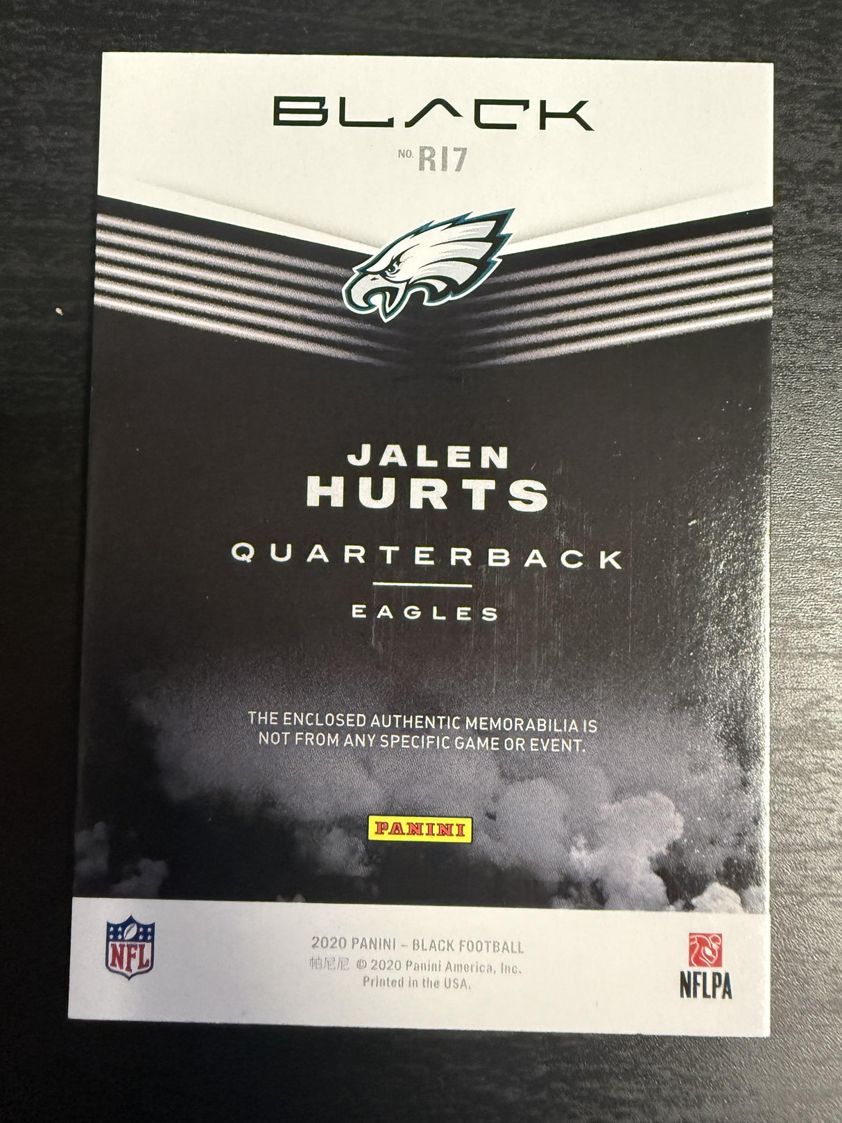 2020 Panini Black #RI7 Jalen Hurts Rookie Influx Memorabilia