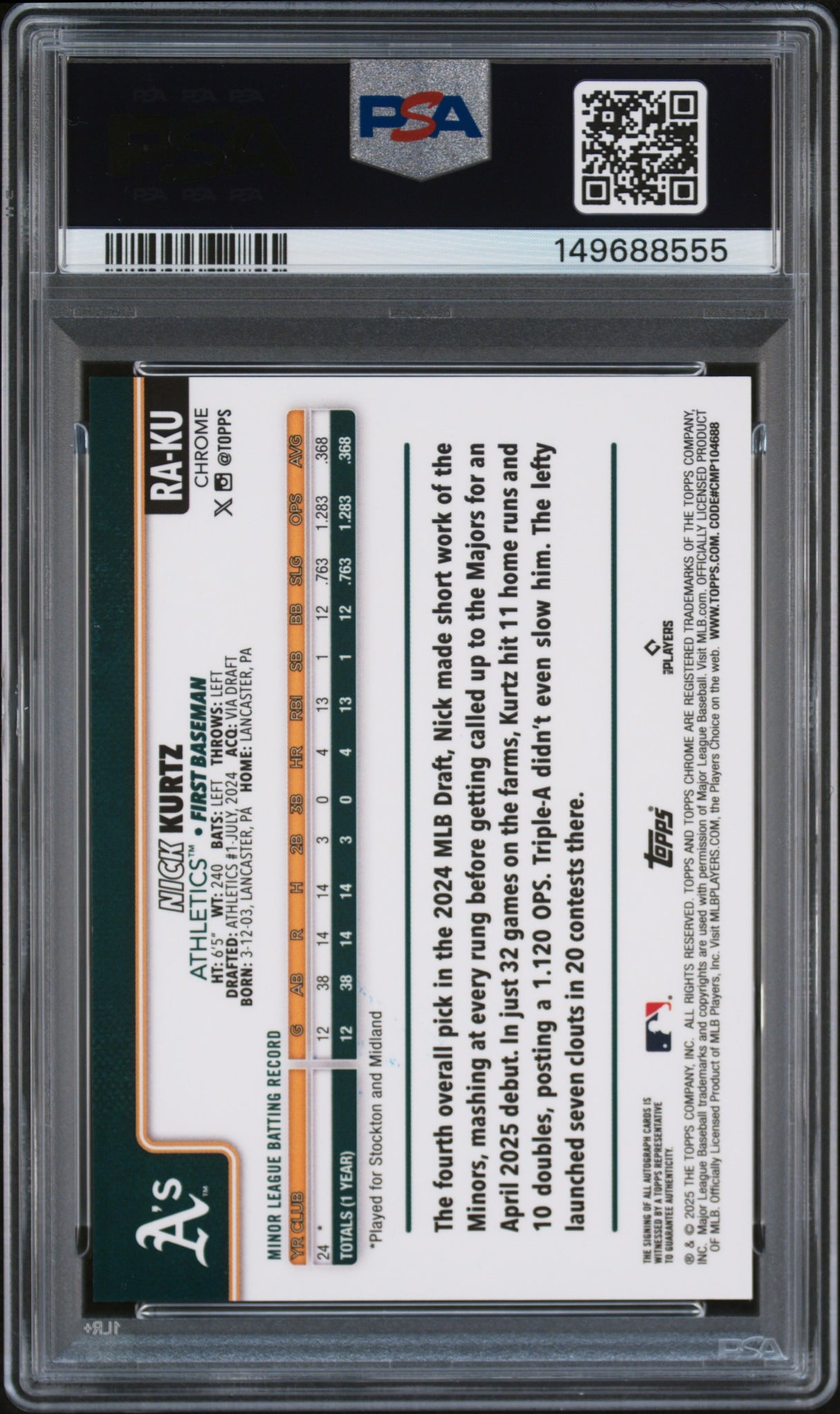 2025 Topps Chrome Rookie Autographs Nick Kurtz Rookie Autograph PSA 9