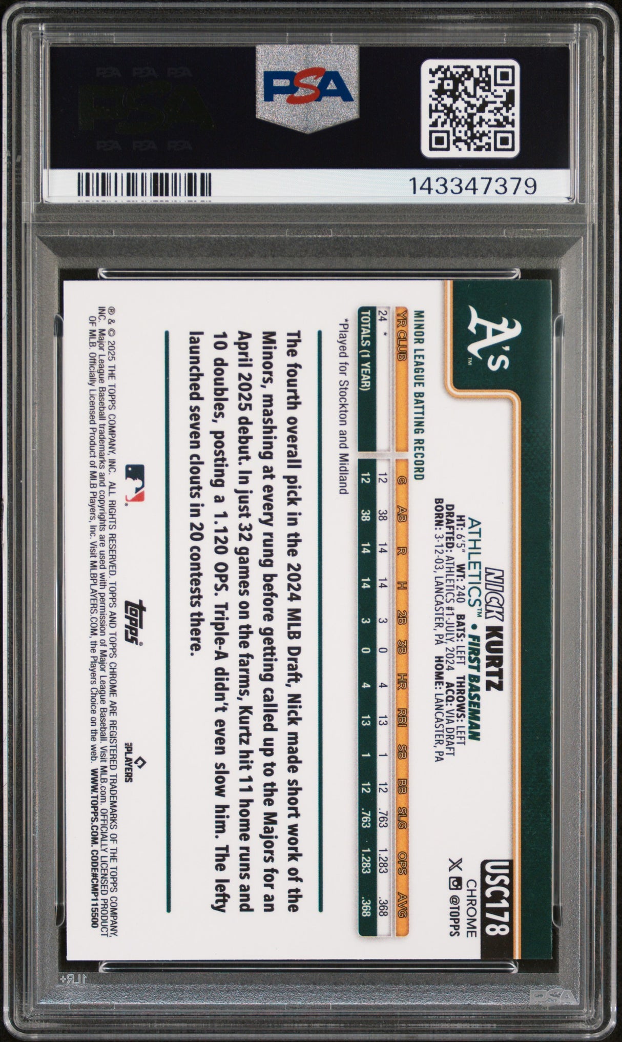 2025 Topps Chrome Update #178 Nick Kurtz Prism Refractor PSA 10