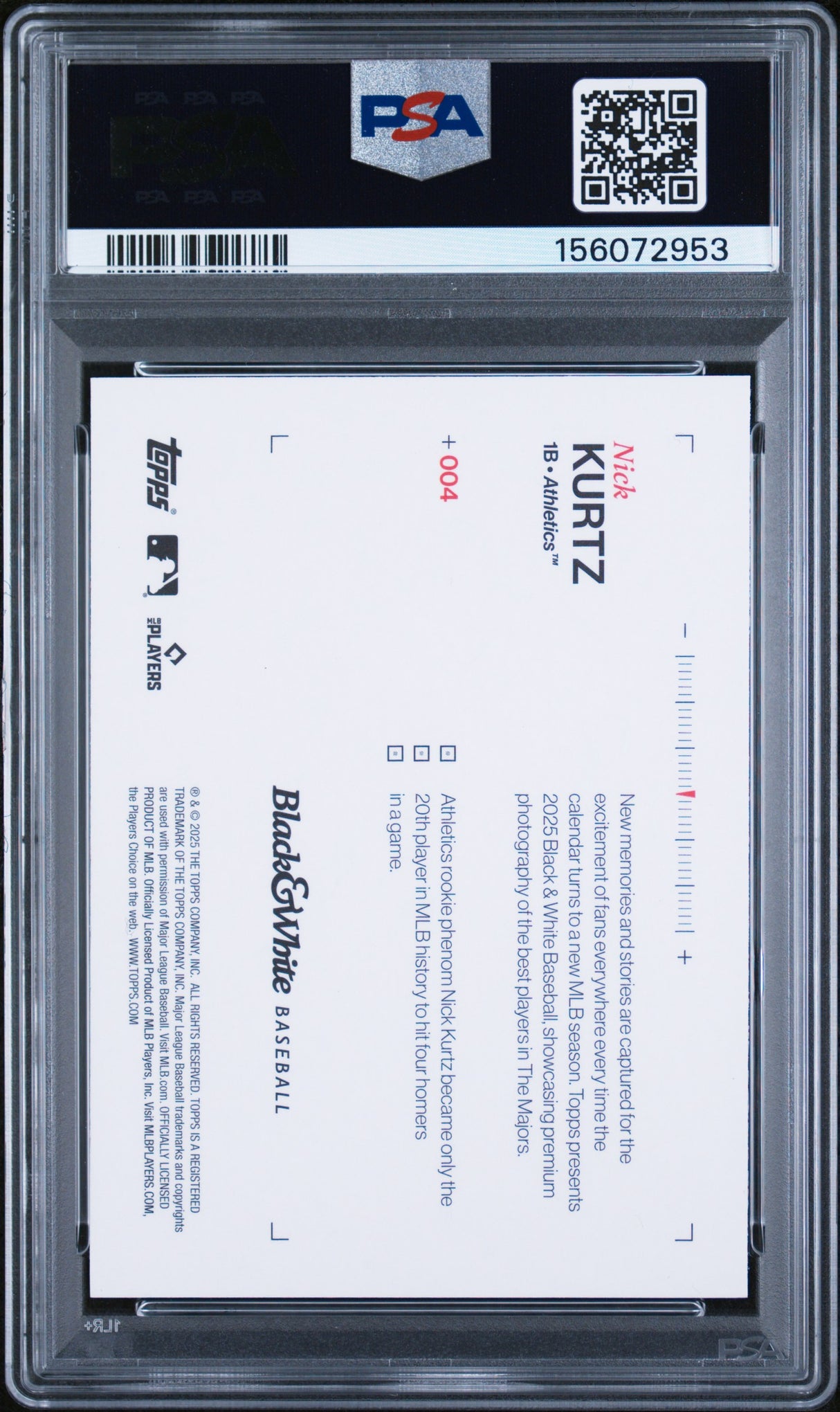 2025 Topps Black And White #4 Nick Kurtz PSA 10