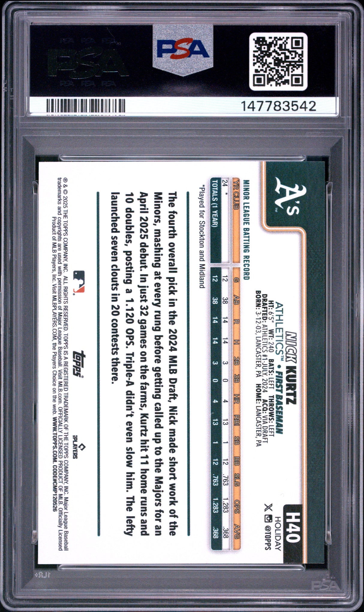 2025 Topps Holiday #H40 Nick Kurtz PSA 10