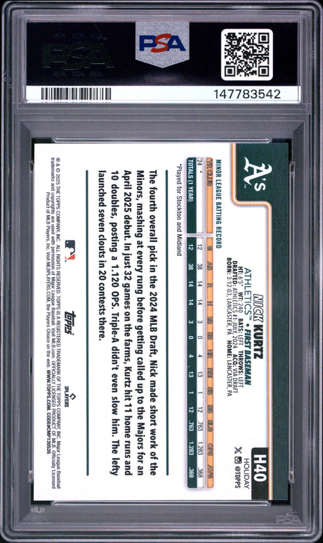 2025 Topps Holiday #H40 Nick Kurtz PSA 10