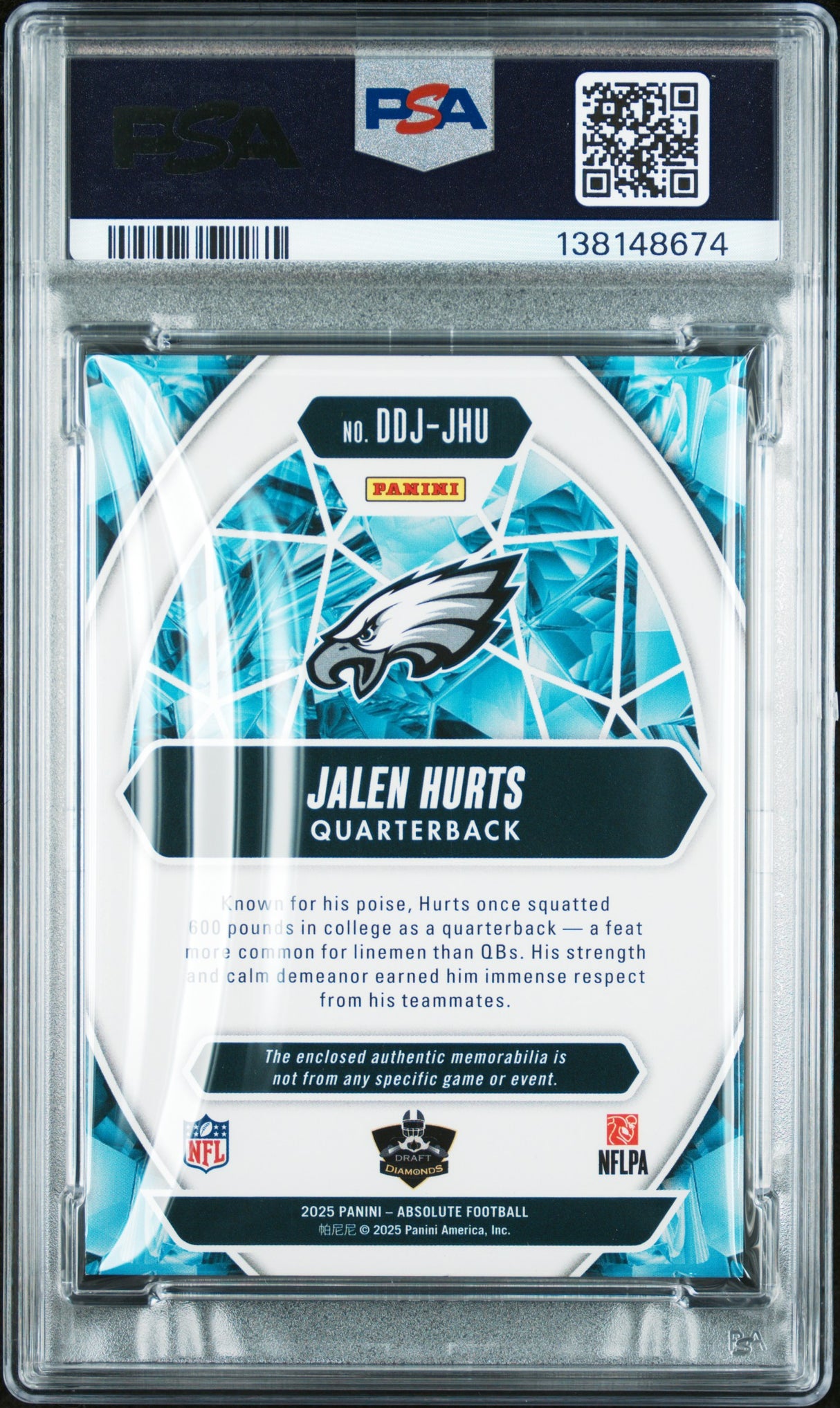 2025 Panini Absolute Jalen Hurts Draft Diamonds Jersey Gold PSA 9