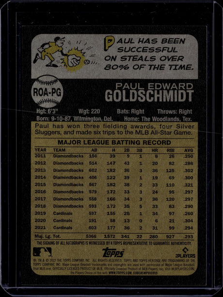 2022 Topps Heritage Paul Goldschmidt Auto Special Edition Red Ink /73