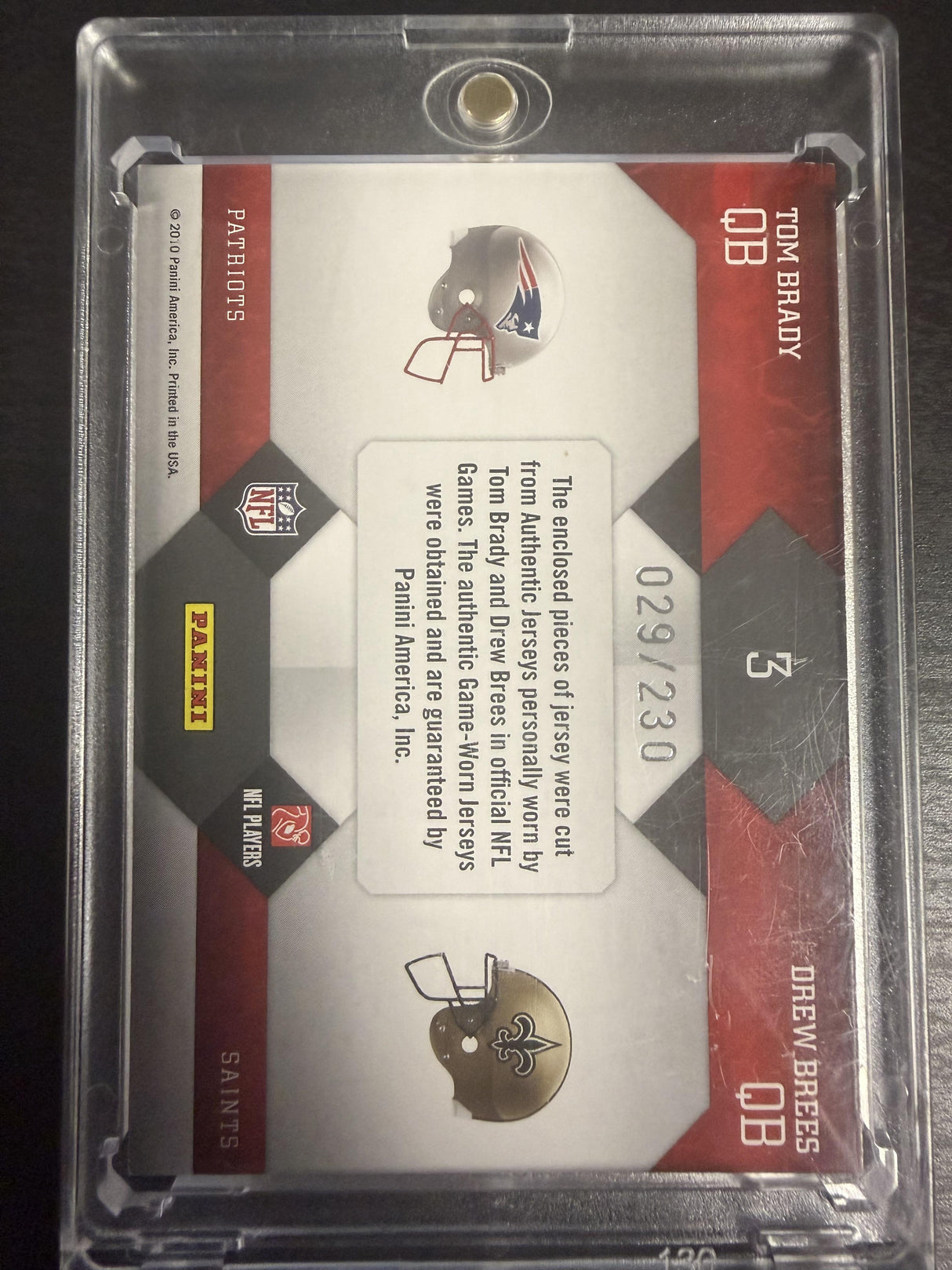 2010 Panini Prestige #3 Tom Brady / Drew Brees League Leaders Materials