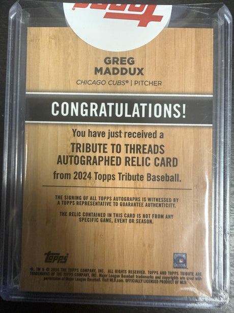 2024 Topps Tribute Greg Maddux Tribute to Threads Auto Relic /99