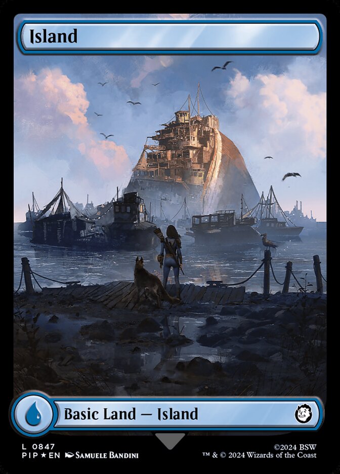 Island (847) - [Surge Foil, Full Art] Fallout (PIP)