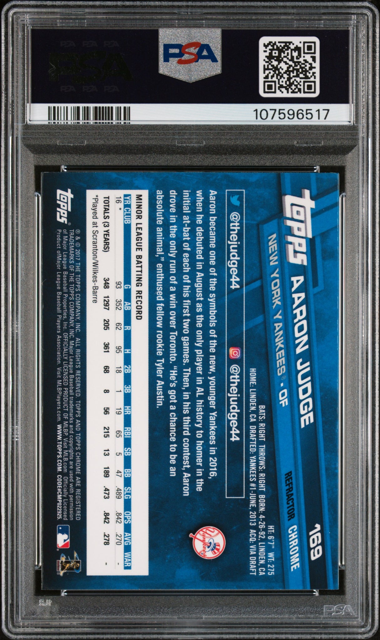 2017 Topps Chrome #169 Aaron Judge Refractor PSA 9